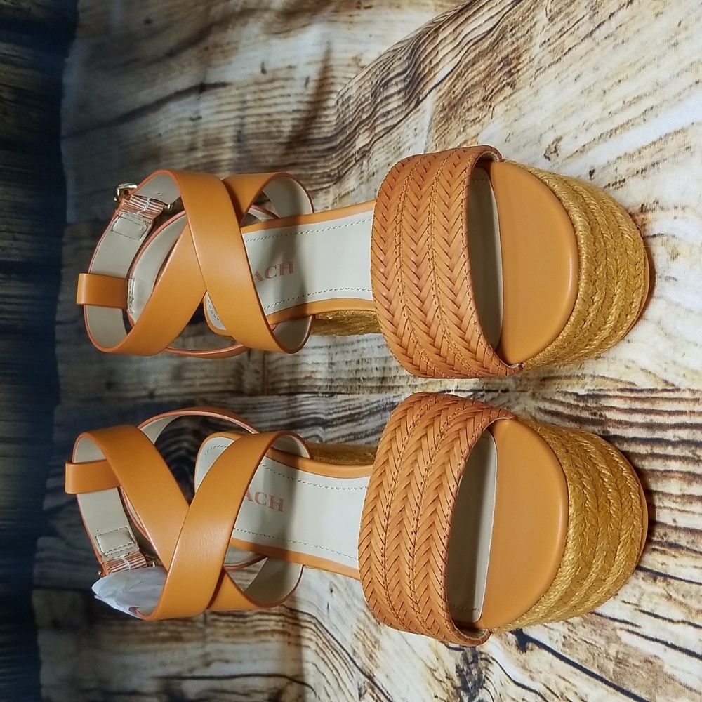New in Box Coach Isabela Wedge Women 9 B Candied Orange Leather Crisscross Strap